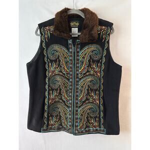 Bob Mackie Vest Zip Up Embroidered Colorful Boho Art to Wear Artsy Black Medium